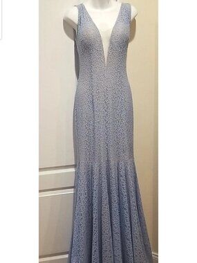 RARE JOVANI #42784 Blue Lace Sparkle Plunge Mermaid Prom Dress Sz 8 MSRP $500